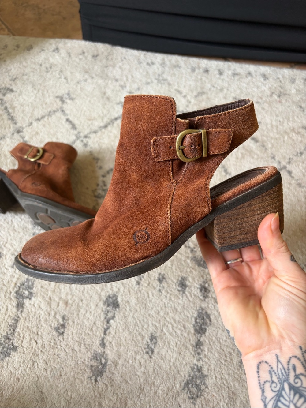 Brown Suede Open-Back Ankle Boot with Buckle Born Fall It Girl Heel Size 7.5